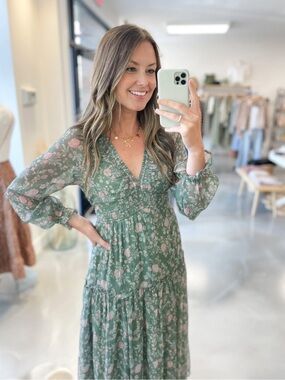 In Bloom Green Floral V-Neck Tiered Maxi Dress